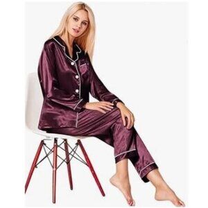 AMAZON, Deep red wine satin silk pyjamas set